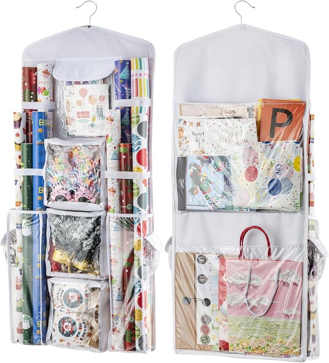 Christmas Wrapping Paper Organizer Storage, Hanging Gift Bag Storage Organizer, Double-Sided Wrapping Paper Holder Storage - White by EOLIMEX