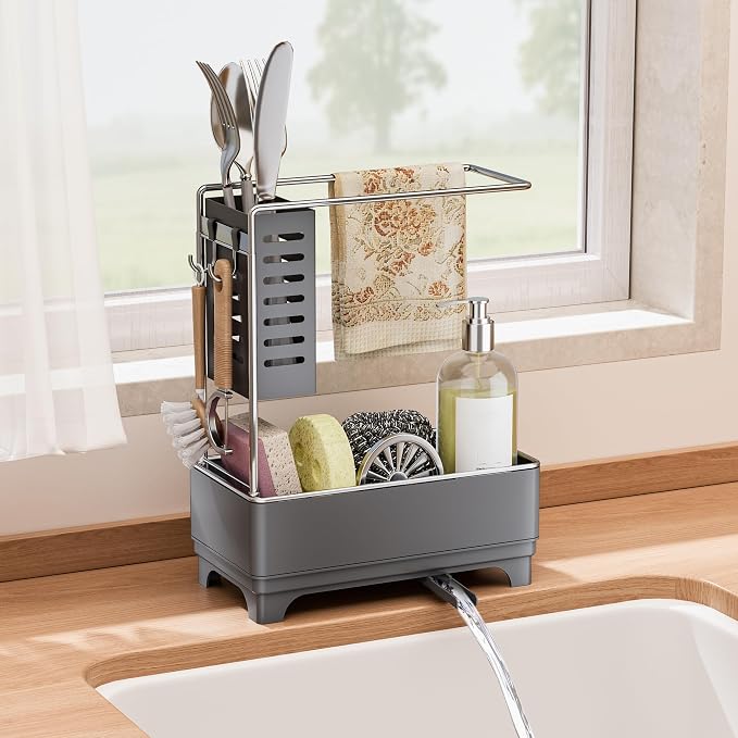 MOUKABAL 2-Tier Sponge Holder for Kitchen Sink, Sink Caddy Organizer Grey | Large Capacity/Rustproof Stainless Steel/360° Rotating Drain Keeps Counter Dry/Holds Sponge & Soap Bottle/Easy-Clean Tray - Image 7