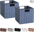Wicker Basket, Set of 2 Hand-Woven Paper Rope Storage Baskets for Organizing, Foldable Cubby Storage Bins, 9 Inch Small Wicker Storage Basket, Square Baskets Cube Storage Organizer Bins, Blue by Vagusicc