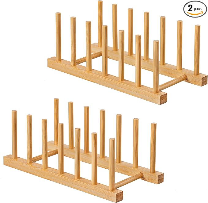 HBlife 2pcs Bamboo Dish Plate Bowl Cup Book Pot Lid Cutting Board Drying Rack Stand Drainer Storage Holder Organizer Kitchen Cabinet（Keep Dry） by HBlife