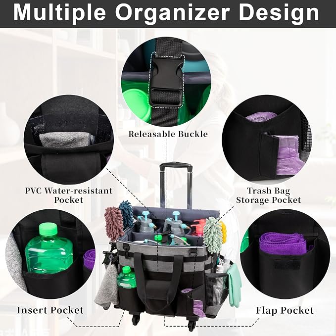 Large Rolling Cleaning Caddy with Wheels, Cleaning Supplies Organizer | With Detachable Trolley, Water-resistant Cleaner Cart for Housekeepers, Multi Pocket Cleaning Cart with Strap, Gray - Image 6