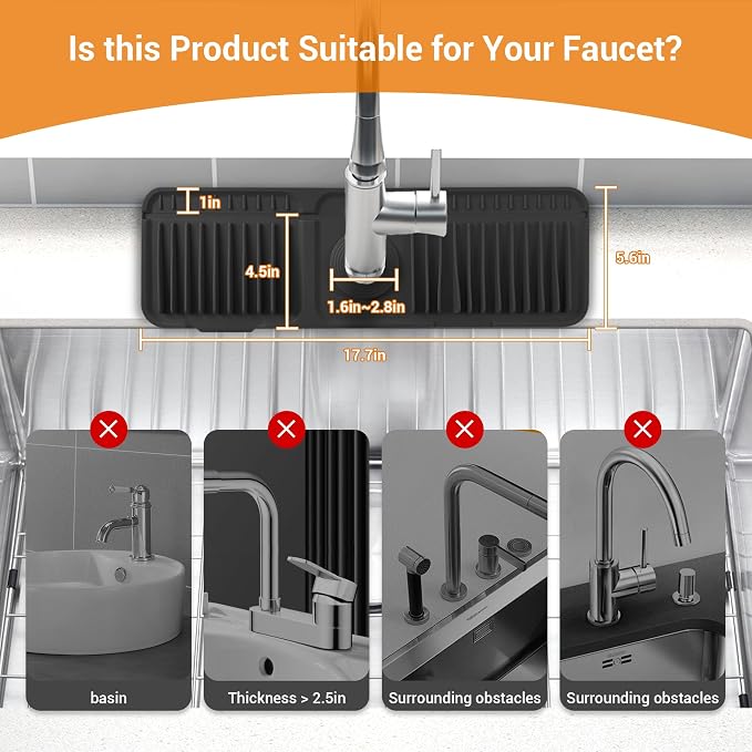 ZJWZLG Faucet Mat for Kitchen Sink, 17.7"X5.5" Silicone Sink Splash Guard , Snap-On Design & 7°slope Fast Drain, Folding Sink Faucet Mat for Universal Kitchen Bathroom Sink(Black) - Image 5