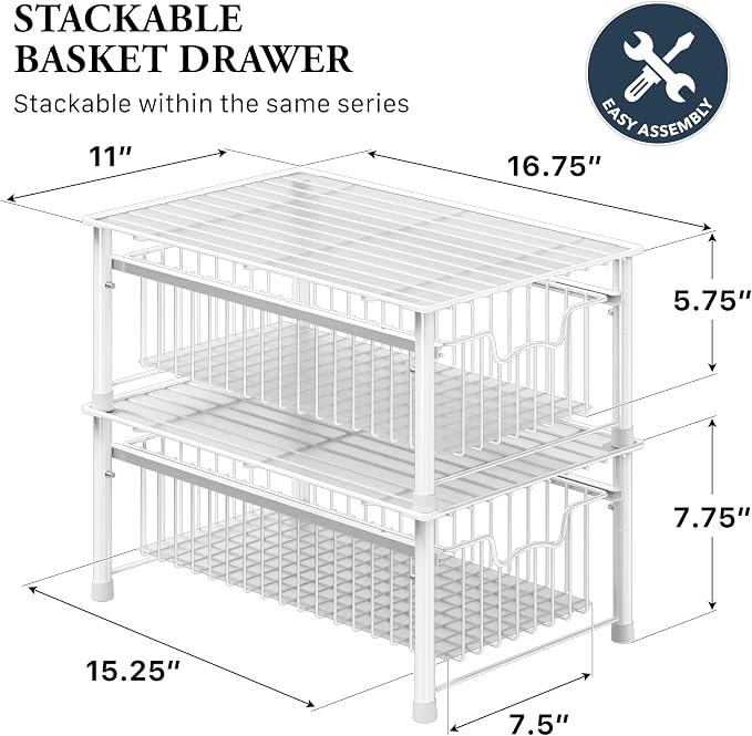 Simple Houseware Stackable Basket Drawer, White (Pack of 2) - Image 2