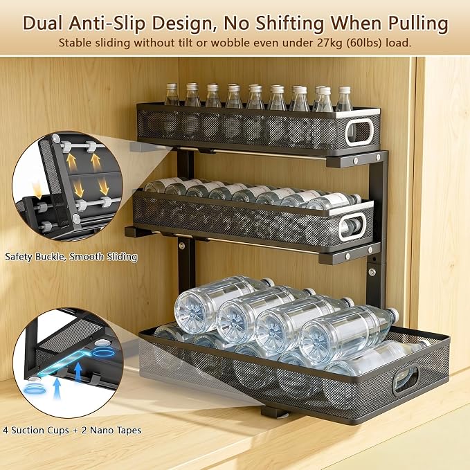 Under Sink Organizer, 2-Pack 3-tier Under Sink Storage Organizer Adjustable Height Easy Assembly Pull Out Cabinet Organizers Basket for Bathroom Kitchen Pantry Home Organization - Image 6