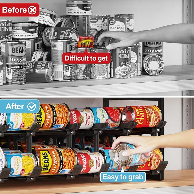 Pantry Can Organizer - Auto-Rolling, Expandable, Holds 120 Cans | Stackable For Walk-in Deep Pantry Shelf, Adjustable Width for Food Cans, Sturdy Metal Frame, Easy Access & Restocking, Black - Image 7