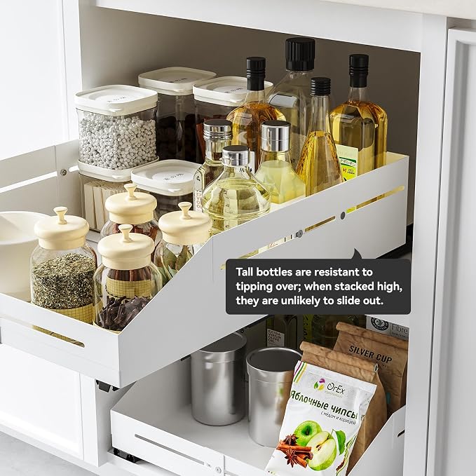 Pull Out Cabinet Organizer 15.8"-23"D&10"-16"W Raised Walls White | 5.5" Raised Side Walls Zero-Drill Adhesive Install 4-Way Expandable Design Triple-Rail Smooth Glide For Kitchen Cabinets - Image 3