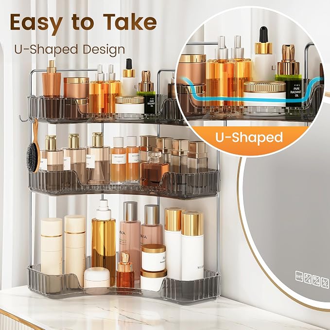 Bathroom Counter Organizer 3-Tier Corner Organizer with Hooks | Gray PET Counter Storage, Multi-Purpose for Bathroom Skincare & Kitchen Organization - Image 4