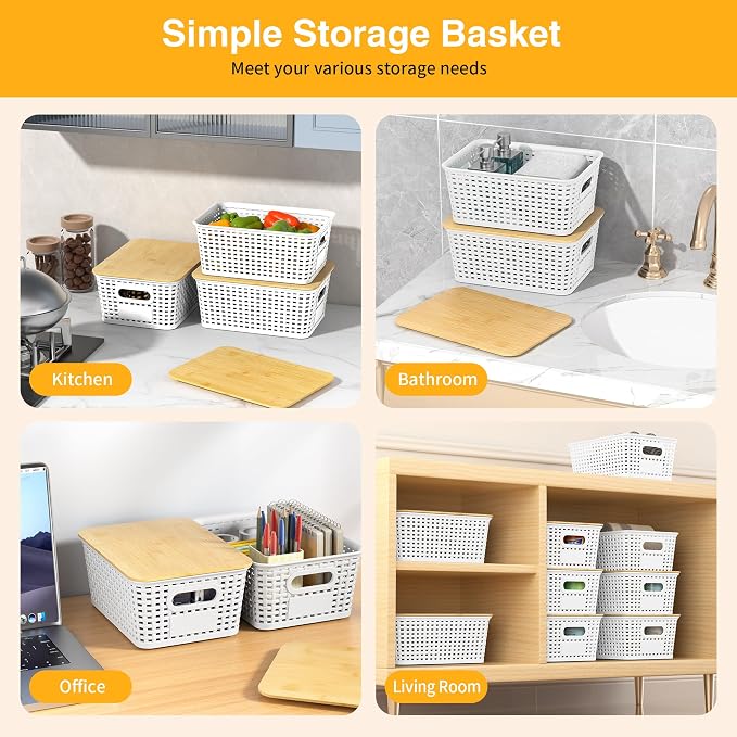 6 Pack Plastic Storage Baskets,White bamboo lid storage Box | Labels, Stackable, For Organizing Shelves Pantry Drawers Desktop Closets Organizing Desktop Closet Playroom Classroom - Image 4