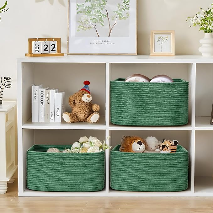 3 Pack Large Storage Basket for Organizing, 17.5"x13"x7" Woven Basket for Shelves, Closet Cube Storage Bins with Wrapped Handle, Cotton Rope Baskets for Kitchen, Clothes, Toys(Green) - Image 4