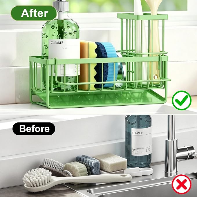 Sponge Holder for Kitchen Sink, Kitchen Sink Caddy, Kitchen Sink Sponge Holder, Dish Sponge Holder, Kitchen Sink Organizer for Sponge, Dish Brush, Scrubber(9.65" x 3.74" x 6.3", Avocado) - Image 5