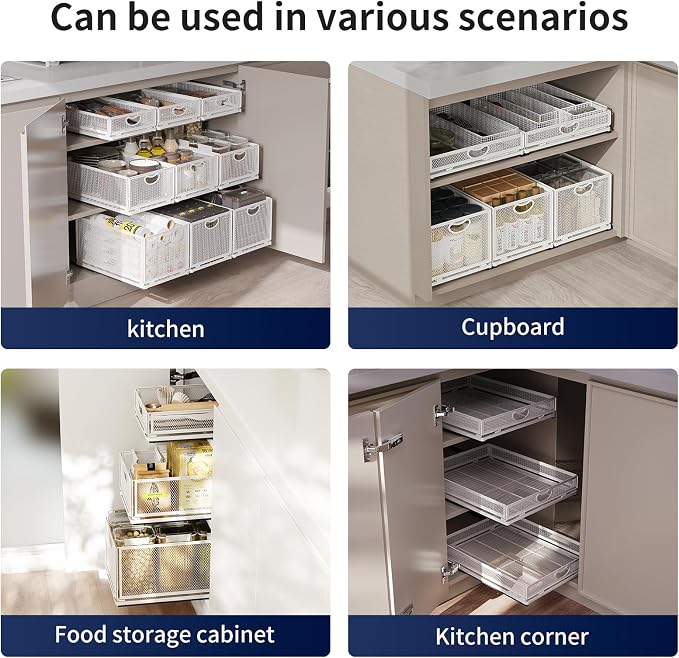 2 Pack Pull Out Cabinet Organizer, No Drill Adhesive Sliding Drawers for Kitchen, Metal Mesh Wire Storage Shelf for Pantry & Under Sink, White (9.6" W x 11.8" D x 8.4" H) - Image 7