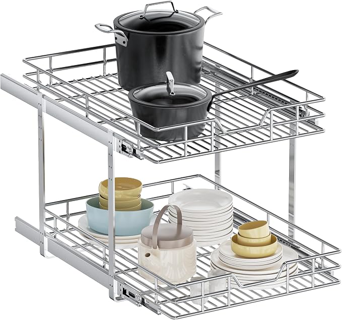 2-Tier Pull Out Cabinet Organizer, 19.5" W x 21.5" D, Heavy Duty Dual Slide Out Shelves for Base Cabinets, Chrome Wire Basket Drawer for Pantry, Kitchen & Bathroom Storage by Unknown