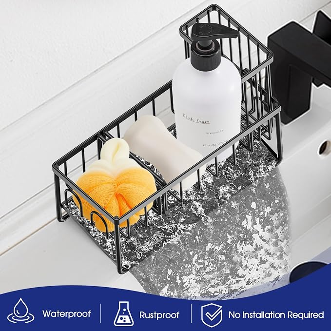 Sinnsally Kitchen Sponge Holder,Sink Caddy Organizer with Brush Holder,Stainless Steel Sink Box Dish Scrubber Holder with Self Drain Tray,Soap Dispenser Kitchen Storage Accessories(1 Tier-Black) - Image 7