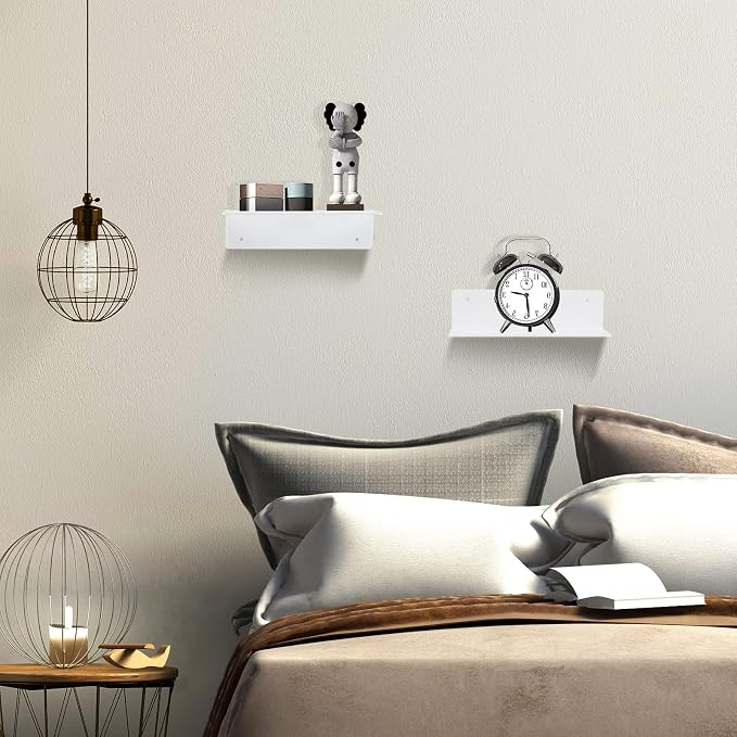 9 Inch Acrylic Floating Shelf No Drill Adhesive Wall Shelf Set of 4 for Funko Pop Storage, Floating Shelves Damage-Free Expand Wall Space for Living Room, Bathroom, Gaming Room, Office - White - Image 2