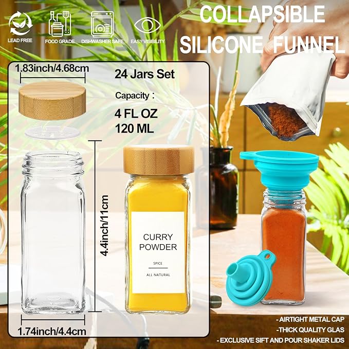 Glass Spice Jars with Bamboo Lid & 398 Label for Cabinet & Drawer Organizer | 24 pcs 4 fl oz Square Spice Bottles With Shaker Lids,Airtight Spice Containers Keep Fresh,Seasoning Containers Organization - Image 2