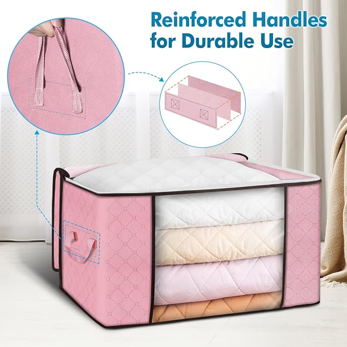 90L Large Storage Bags, 8 Pack Clothes Storage Bins Closet Organizers | Foldable Storage Containers, with Reinforced Handle, for Clothing, Blanket, Comforters, Bed Sheets, Pillows and Toys,Pink - Image 3