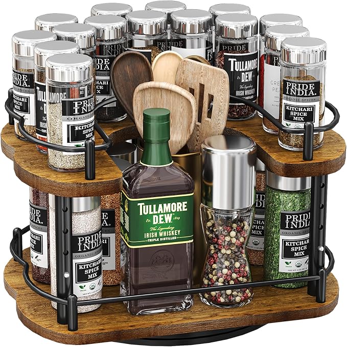 SNTD Lazy Susan Spice Rack Organizer for Cabinet, Wood, Vintage, 12 in | Rotating Turntable, Height Adjustable, Space-Saving D-Shape Design, Revolving Spice Storage for Kitchen Countertop Pantry - Image 9