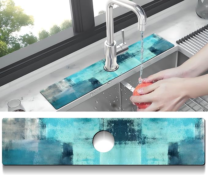 Kitchen Sink Splash Guard Faucet Mat Super Absorbent Fast Drying Mat Sink Gadgets Splash Guard Behind Faucet Drip Catcher for Kitchen (Blue, 23.5x5.5in) - Image 2