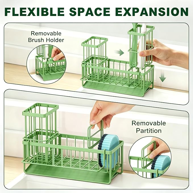 Sponge Holder for Kitchen Sink, Kitchen Sink Caddy, Kitchen Sink Sponge Holder, Dish Sponge Holder, Kitchen Sink Organizer for Sponge, Dish Brush, Scrubber(9.65" x 3.74" x 6.3", Avocado) - Image 3