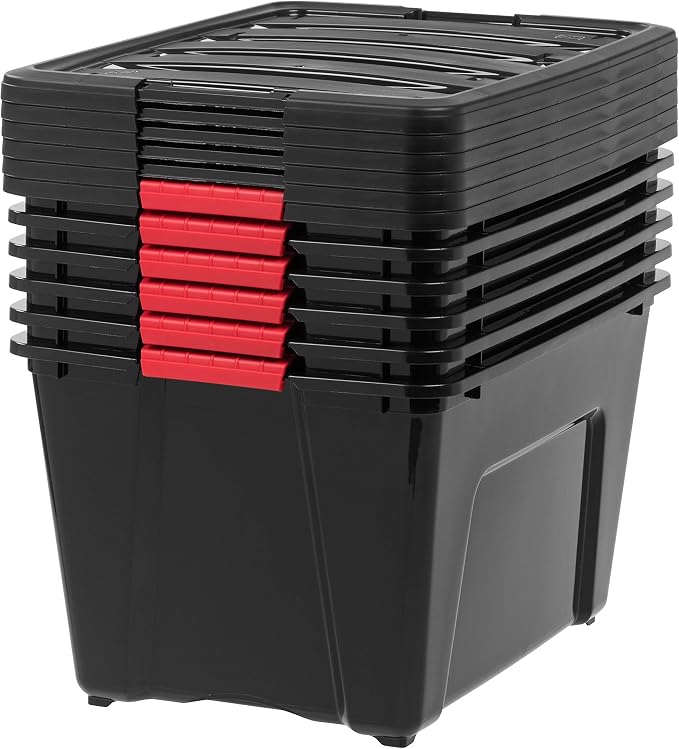 IRIS USA 6-Pack 54 Quart Storage Bins with Lids, Black | Black finish conceals stored items. Perfect for moving, blankets, clothing, and garage storage. Nestable design saves space - Image 7