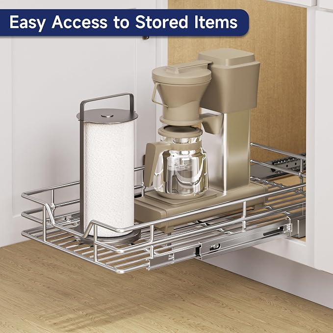 Pull Out Cabinet Organizer, 10.5" W x 18" D, Heavy Duty Chrome Slide Out Shelf for Narrow Base Cabinets, Sliding Wire Basket Drawer for Spices, Bottles, Snacks & Cleaning Supplies - Image 7