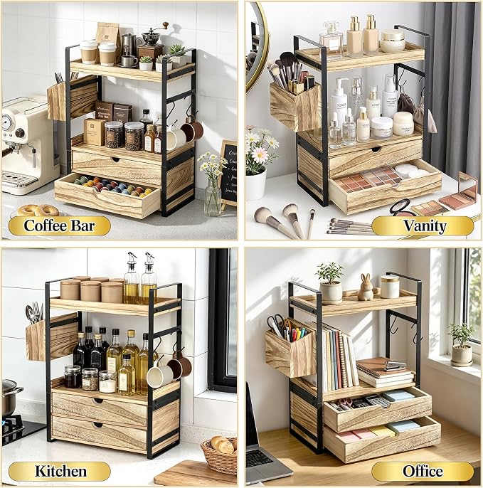 2-Tier Bathroom Counter Organizer with 2 Drawers, Basket and Hooks, Wood Bathroom Organizers and Storage for Countertop, Farmhouse Bathroom Countertop Organizer for Vanity, Kitchen, Coffee Bar, Office - Image 5