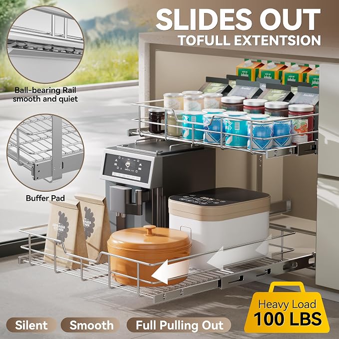 2 Tier Pull Out Cabinet Organizer 15" W X 17" D, Chromed, Full Slide Out | For Kitchen Organizers and Storage, Pull Out Drawers For Cabinets Capacity Heavy Duty Caddy, Cabinet Shelves, Bathroom Pantry - Image 3