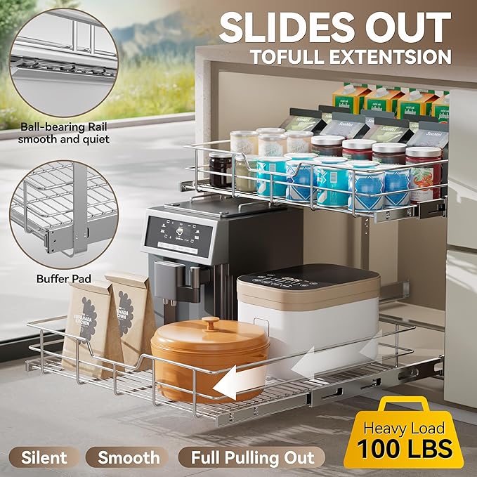 2 Tier Pull Out Cabinet Organizer 24" W X 22" D, Chromed, Full Slide Out | For Kitchen Organizers and Storage, Pull Out Drawers For Cabinets Capacity Heavy Duty Caddy, Cabinet Shelves, Bathroom Pantry - Image 3