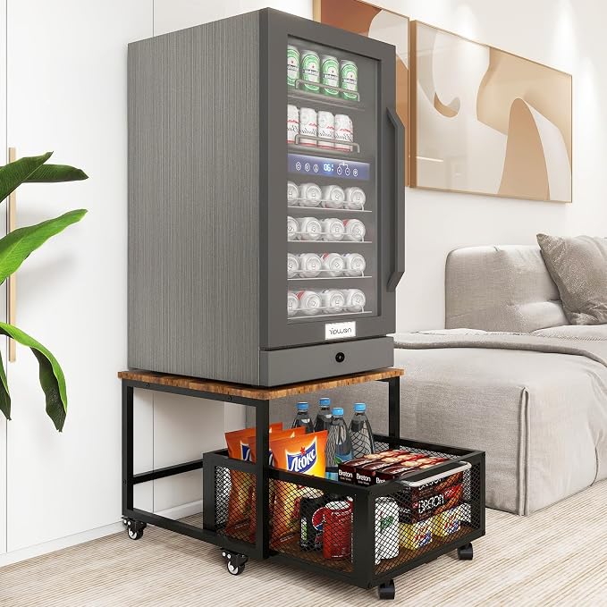 PUNCIA 19.7" x 23.6" Mini Fridge Stand with Large Capicity Storage, Retro | Sturdy Refrigerator Table with Lockable Wheels, Rolling Fridge Cart Heavy Duty Appliance Platform for Dorm, Apartment Bedroom by PUNCIA