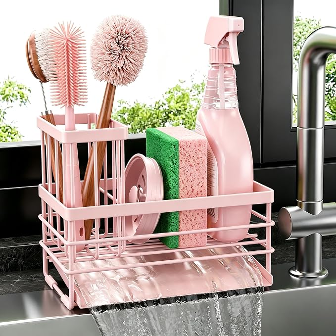 Cisily Pink Sink Caddy Sponge Holder for Kitchen with Brush Holder and Stainless Steel Self Drain Tray, Rustproof Kitchen Sink Organizer for Sponge, Soap Dispenser Storage Accessories by CISILYHOMELIFE