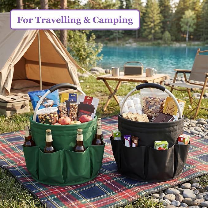 2PCS Cleaning Caddy, 17L Collapsible Cleaning Supply Caddy with Handle, Foldable Tool Bucket Organizer with Outer Pockets, Storage Basket for Travel, Housekeeping, RV, Green + Black - Image 5