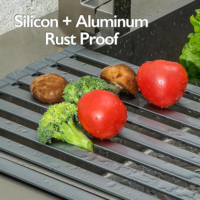 Over-Sink Roll-Up Dish Drying Rack,Aluminum | 18x13in,Over-sink rack,9 Alu slats & silicone ends,33lb capacity,heat resistance to 400°F,roll-up storage - Image 3