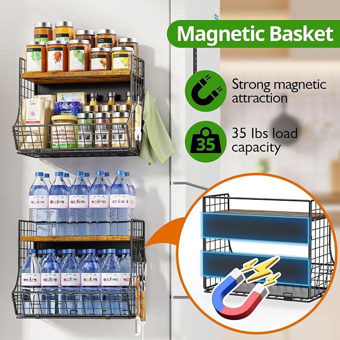 Magnetic Shelf for Fridge with Wood Lid, Fruit Potato and Onion Storage Bins, Pantry Organizers and Storage, Strong Magnetic Spice Rack for Refrigerator, Kitchen Counter and Laundry Room - Image 2