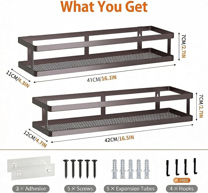 PUSDON 2-Pack 16.5" Extra Long Slim Shower Caddy, Adhesive Wall Mount Bathroom Organizer, Rustproof Open Frame Mesh Spice Rack for Kitchen, Holds 50LBS - Vintage Bronze, Guardrail - Image 2