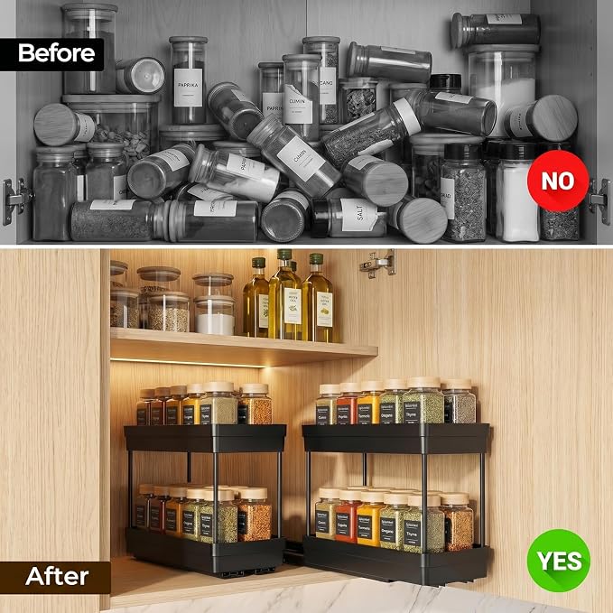 Pull Out Spice Rack, 3 Pack 2-Tier Cabinet Organizer, Black | Kitchen Pantry Slide Out Seasoning, Fits Cabinets 12"H x 11"D x 5"W - Image 7
