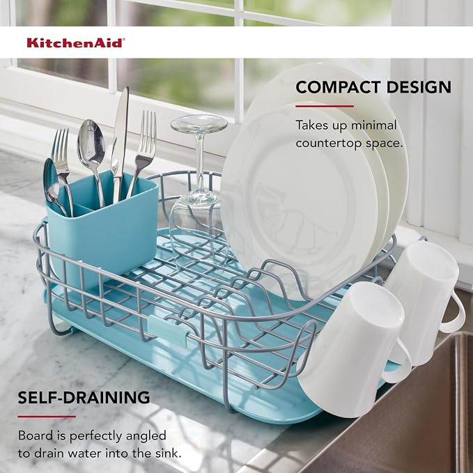 KitchenAid Low Profile Compact Dishrack with Removable Flatware Caddy and Angled Self-Draining Board, Rust Resistant Wires, 12.59 x 17.55 x 6.29 Inch, Mineral Water - Image 3