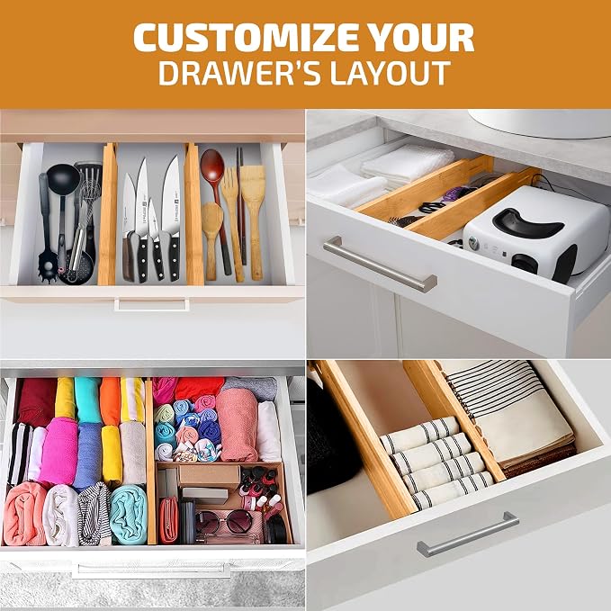 Bambüsi 4-Pack Drawer Divider - 2.6" High, 16" to 22" Adjustable Bamboo Drawer Organizers for Clothes, Expandable Dresser Separators in Bedroom/Bathroom/Kitchen/Office Organization and Storage - Image 6