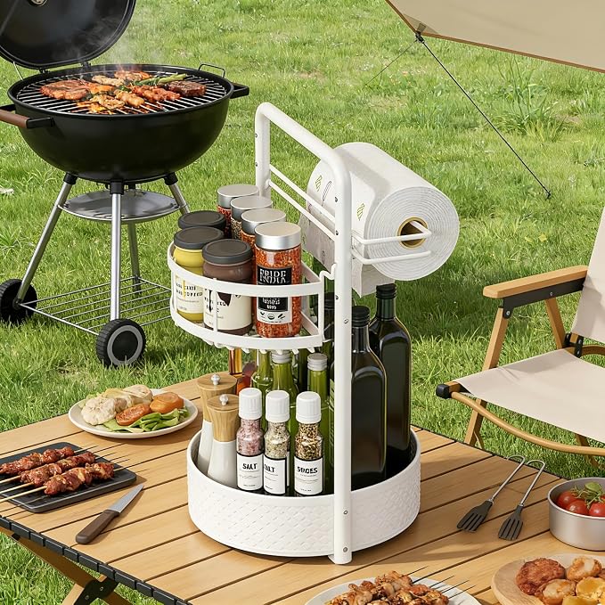 Rotating Spice Rack with Paper Towel Holder, White | 2 Tier Turntable Lazy Susan, Durable Iron, Seasoning Organizer, For Kitchen Countertop - Image 7