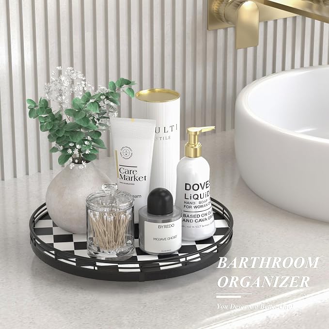 AMH 12 Inch Black and White Checkerboard Lazy Susan with Oak Wood Base | Smooth rotating oak tray with walnut finish for dining tables, kitchen counters, pantries and cabinet storage. - Image 2