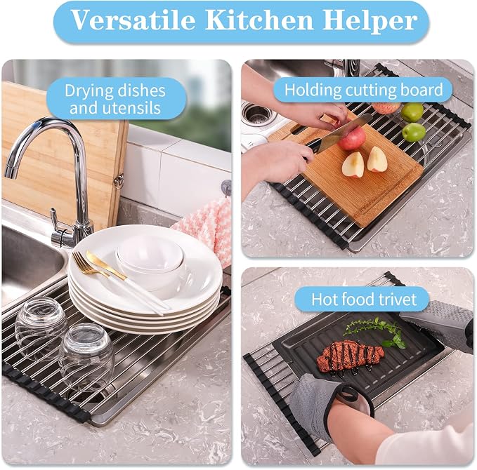Seropy Roll Up Dish Drying Rack Over The Sink for Kitchen Sink Drying Rack Folding Dish Drainer Mat Rolling Dish Rack Sink Rack Stainless Steel Kitchen Dry Rack Black 17.5x15.7 Inch - Image 8
