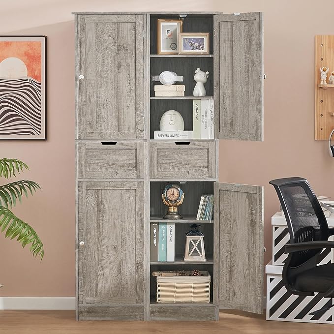 Iwell 67" Tall Bathroom Cabinet with Adjustable Shelves & 1 Drawer, Storage Cabinet with 2 Doors, Narrow Tall Cabinet, Floor Cabinet for Bathroom, Living Room, Home Office, Grey - Image 4