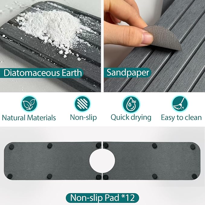 Water Absorbing Stone Kitchen Sink Mat Faucet Splash Guard for Bathroom | Quick Dry, Raised Feet, Diatomaceous Earth, Stone Faucet Mat, Sink Protector for Counter, Sink Accessories, Bathroom Decor - Image 4