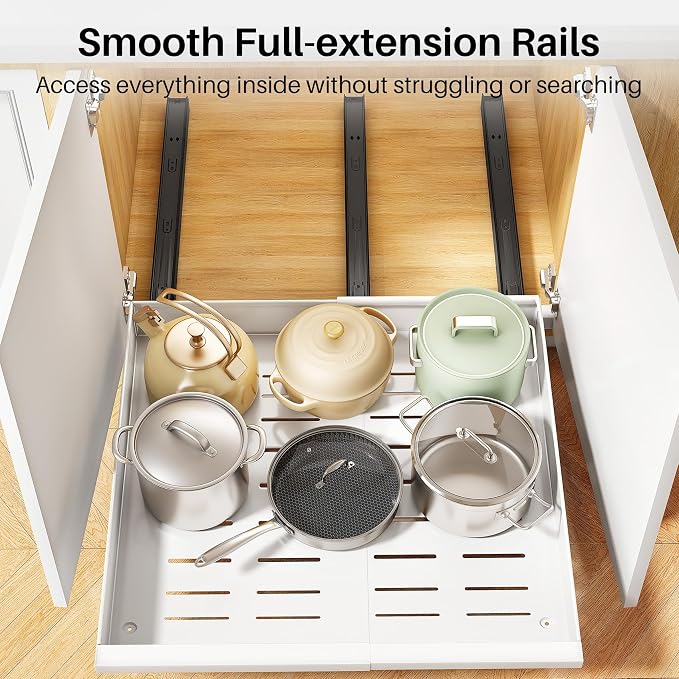 Pull out Cabinet Organizer, 1-Pack Expandable(13.6"-24") Silde out Drawers with Raising Pad for Framed Cabinets, Adjustable Full-Extension Adhesive Roll out Shelves for Kitchen Pantry Home Pot and Pan - Image 5