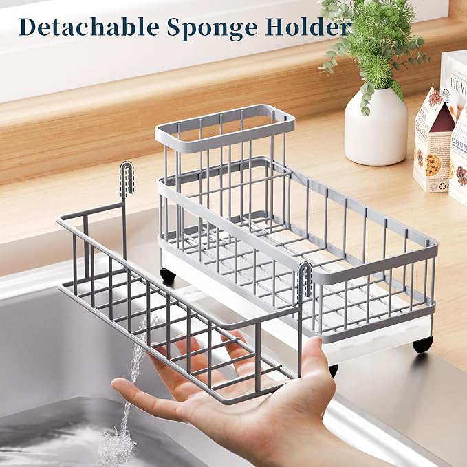 Consumest Sponge Holder for Kitchen Sink - Auto Draining Sink Caddy Organizer with Detachable Rack, High Brush Holder, Kitchen Countertop Storage Accessories, Grey - Image 4
