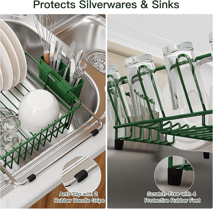 Grey Dish Drying Rack Over The Sink with Utensil Holder, Mat | Expandable Stainless Steel Dish Drainer for Small Kitchen, Apartment, RV, Counter Space Saving, Perfect Fit, Rustproof - Image 6