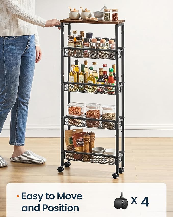 SONGMICS HOME Slim Rolling Cart, 5-Tier Storage Cart with Wheels and Handle, Narrow Utility Cart for Kitchen, Living Room, Brown and Black - Image 5