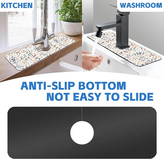 Kitchen Faucet Mat Watercolor Multicolor Botanical Plants Sink Splash Guard Behind Faucet Draining Mat Kitchen Accessories Non-slip Easy to Clean for Bathroom & Kitchen 15"X5.5" - Image 7