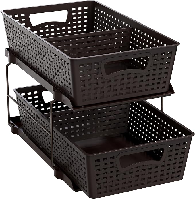 Simple Houseware 2 Tier Pull-Out Sliding Drawer Under Sink Storage, Brown | Great for Kitchen Bathroom Tray Shelf Organizer by SimpleHouseware