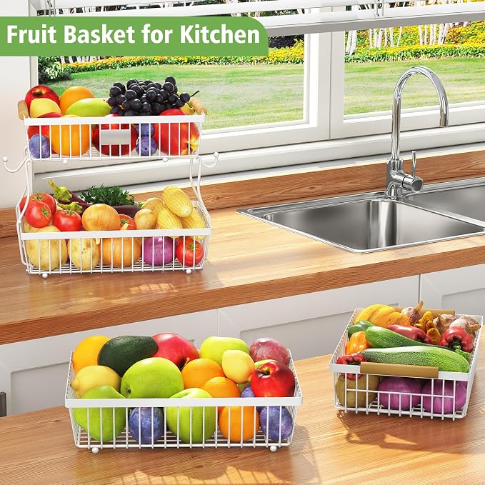 2 Tier Fruit Basket for Kitchen Counter with 2 Banana Hangers, Countertop Metal Bread Basket with Wooden Handle, Large Storage Stand for Vegetables, Snacks, Eggs, Produce Storage – White - Image 7