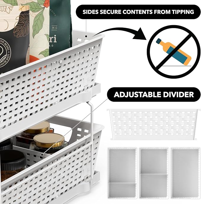 Simple Houseware 2 Tier Pull-Out Sliding Drawer Under Sink Storage, White | Great for Kitchen Bathroom Tray Shelf Organizer - Image 4